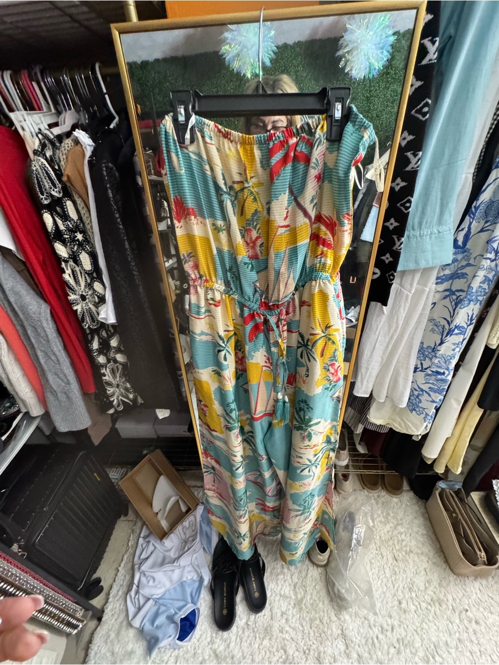Tropical Off-Shoulder Maxi Dress in Teal & Yellow
